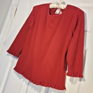 Red Sweater Vintage Cotton Knit Ruffle Edge Trim